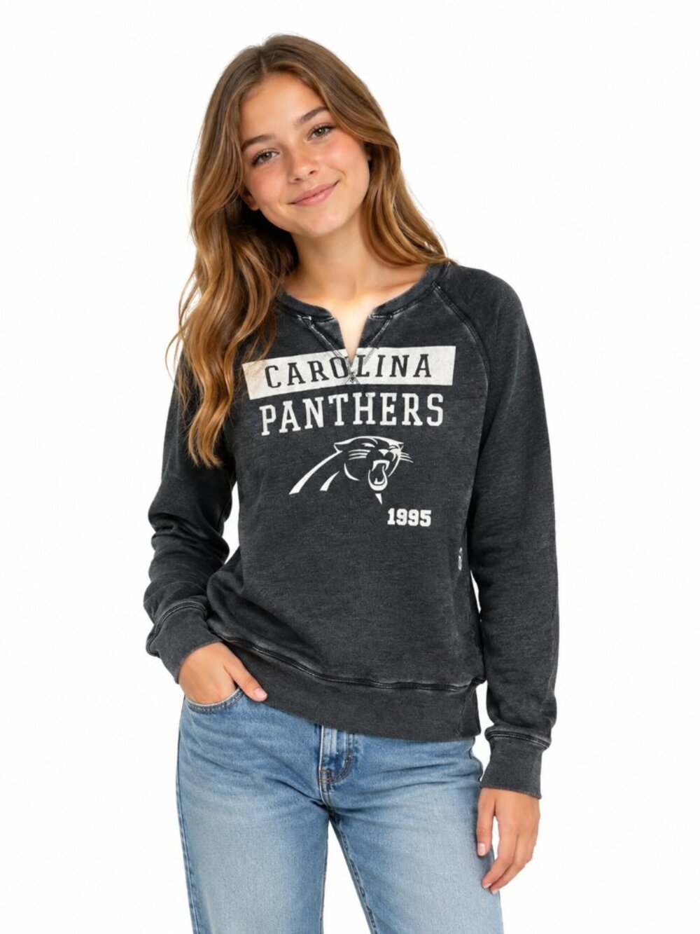 Carolina Panthers Girls Sweatshirt Large 10/12 Sparkle Logo Pockets V Neck New